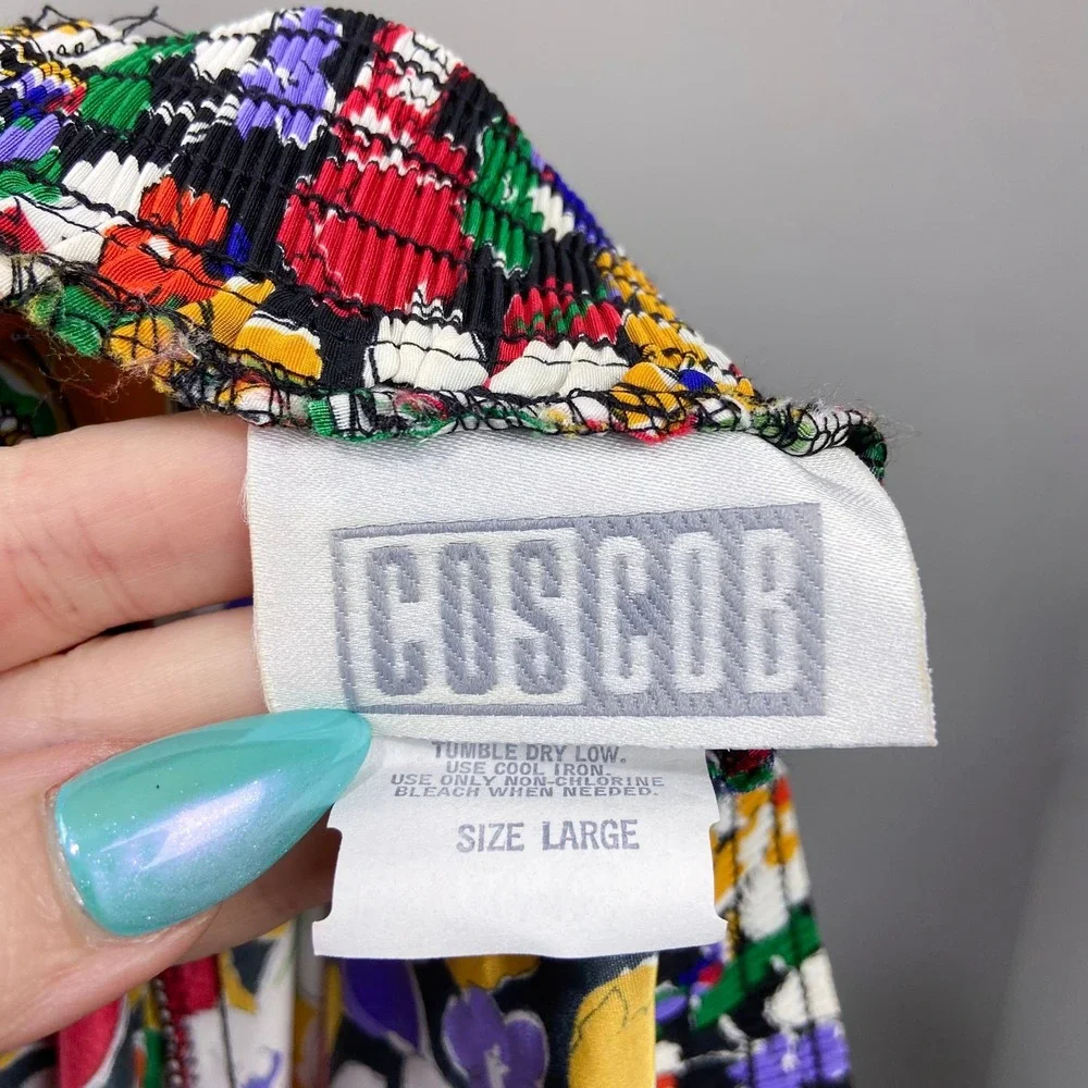 Vintage Cos Cob Floral Dress Size L Colorful Flowers Tie Waist Retro 2 Piece Set